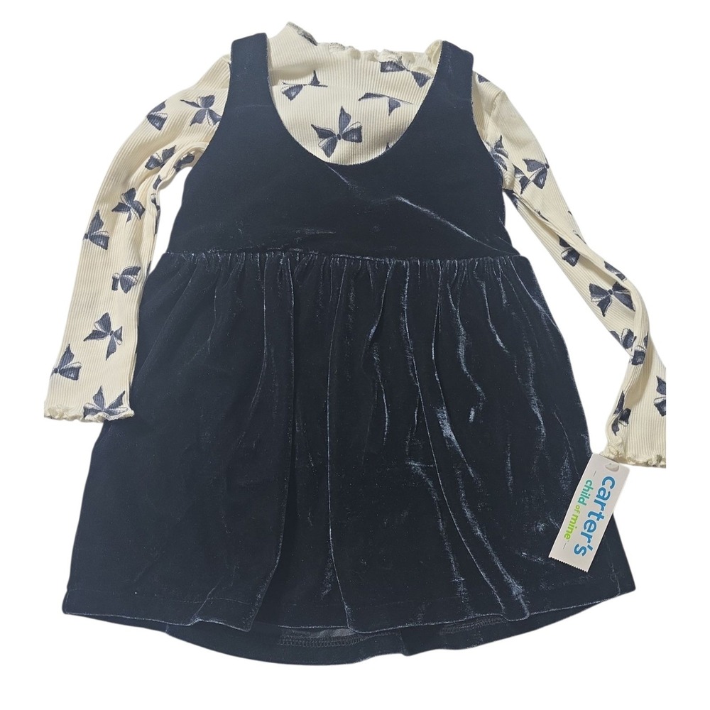 Carters 3T Girls Black Velvet Jumper Dress Bow shirt Set NWT